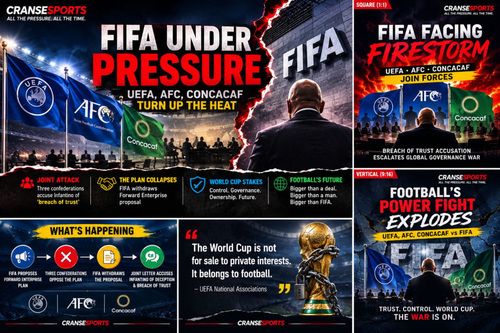 Football governance pressure graphic representing UEFA, AFC and Concacaf dispute with FIFA