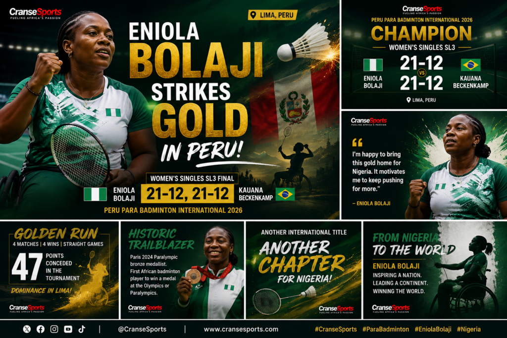 Eniola Bolaji celebrates Nigeria’s women’s SL3 title success at the 2026 Peru Para Badminton International