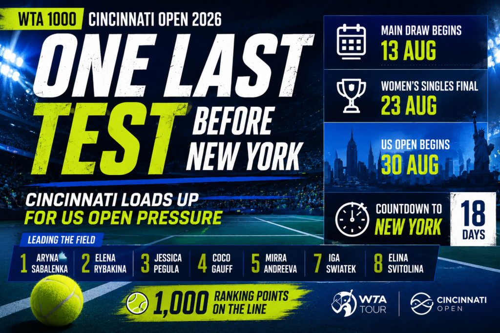 Cincinnati Open Loads Up With Sabalenka, Gauff, Swiatek as US Open Pressure Builds Cincinnati Open 2026 tennis graphic featuring US Open pressure and leading WTA contenders