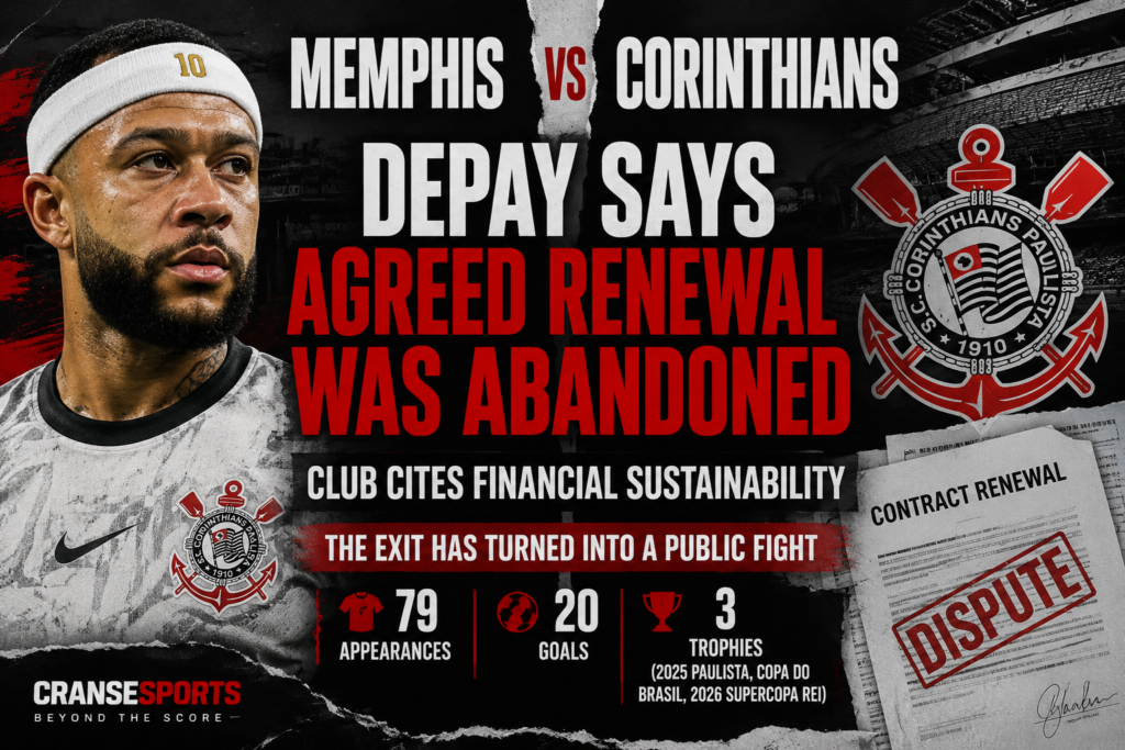 Memphis Depay Says Corinthians Broke Renewal Agreement After Club Exit CranseSports graphic on the contract dispute between Memphis Depay and Corinthians