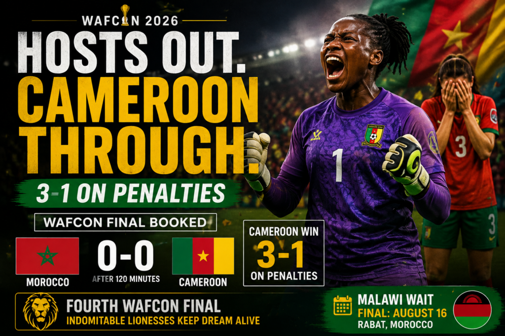 CranseSports graphic showing Cameroon eliminating hosts Morocco on penalties to reach the WAFCON 2026 final