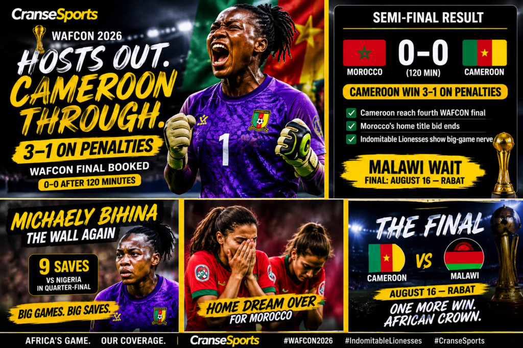 CranseSports graphic showing Cameroon eliminating hosts Morocco on penalties to reach the WAFCON 2026 final