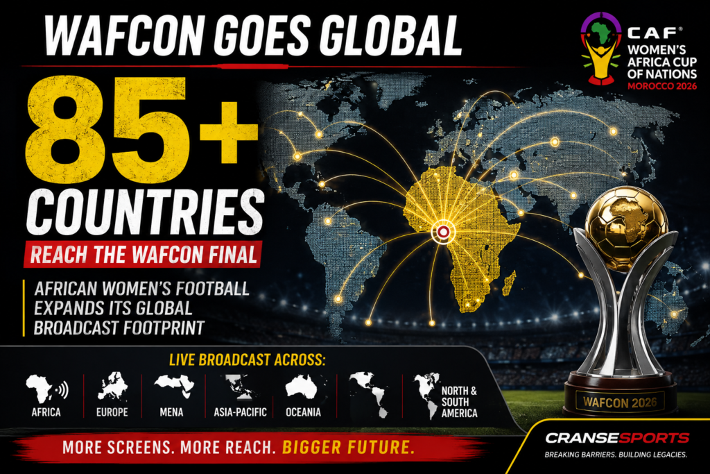 Graphic highlighting the 2026 WAFCON final’s broadcast distribution across more than 85 countries.