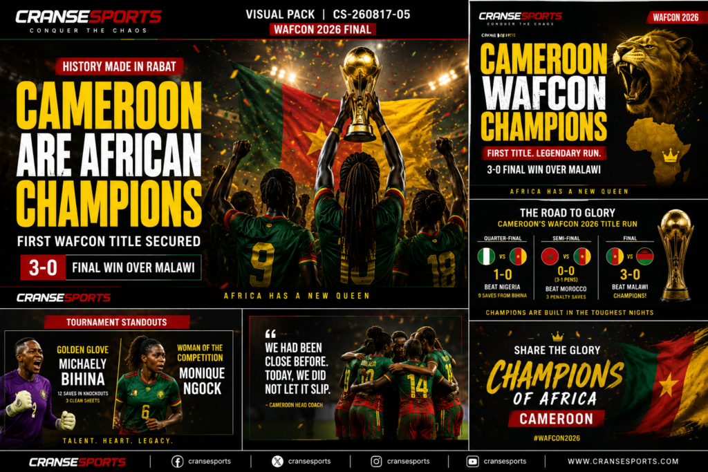 Cameroon celebrate after winning their first Women’s Africa Cup of Nations title following a 3–0 final victory over Malawi.