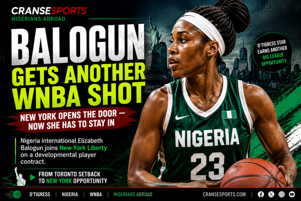 Elizabeth Balogun featured in a CranseSports graphic marking her move to New York Liberty.
