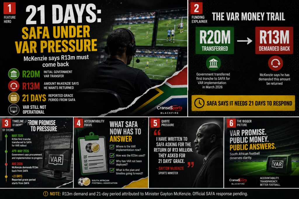 South Africa VAR accountability graphic highlighting Gayton McKenzie’s R13 million demand and 21-day period involving SAFA.