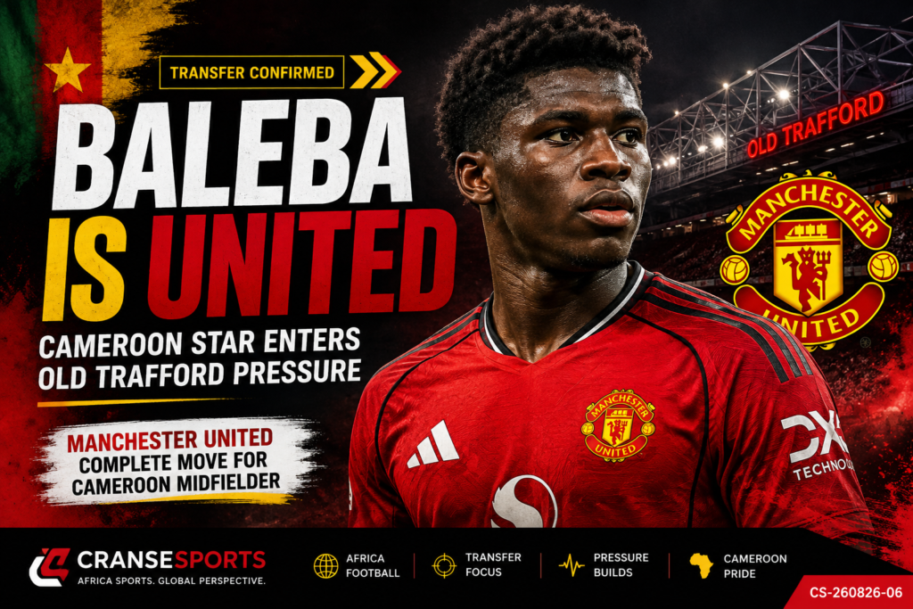 Carlos Baleba Manchester United Cameroon transfer feature graphic