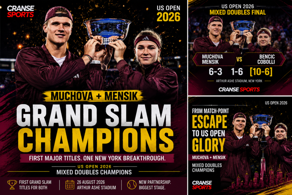 Karolina Muchova and Jakub Mensik after winning the 2026 US Open mixed doubles title