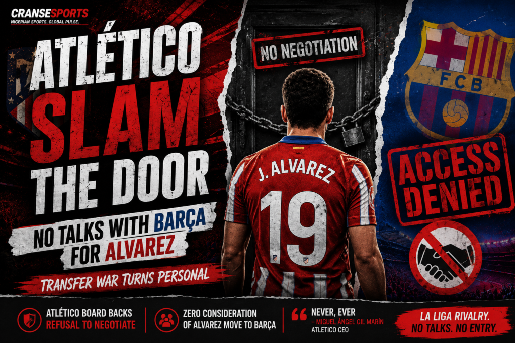 Atlético Shut Barcelona Door on Julián Alvarez as Transfer Fight Turns Bitter Blackfire-style transfer graphic showing Atlético Madrid shutting the door on a potential Barcelona move for Julián Alvarez.