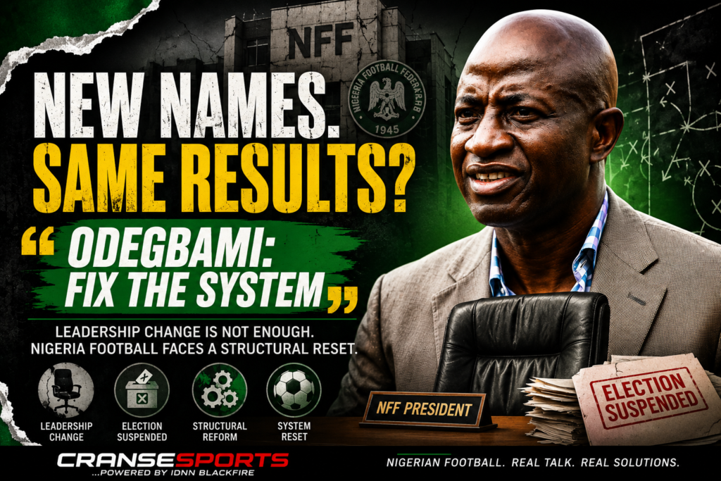 Blackfire-style Nigerian football governance graphic showing an institutional reset after the NFF leadership resignations.