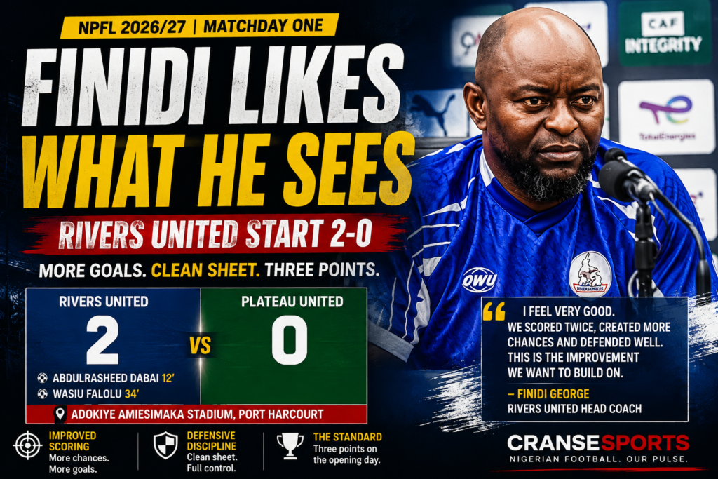 Rivers United open the 2026/27 NPFL season with a 2-0 victory over Plateau United as Finidi George praises improved scoring and defending.