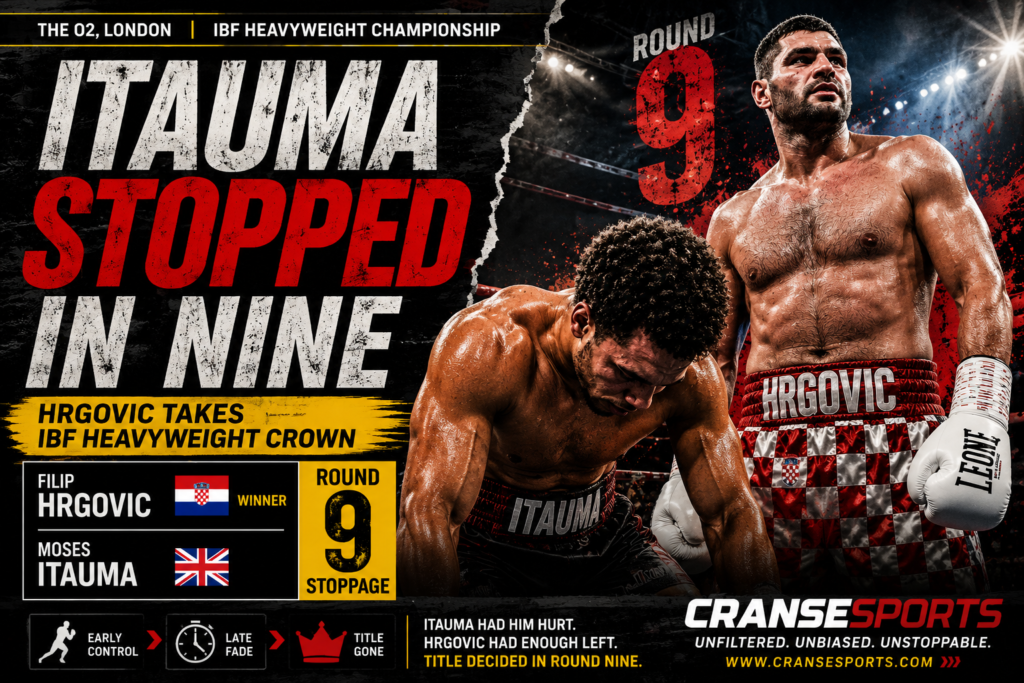 Moses Itauma and Filip Hrgovic during their IBF heavyweight title fight at The O2 in London.