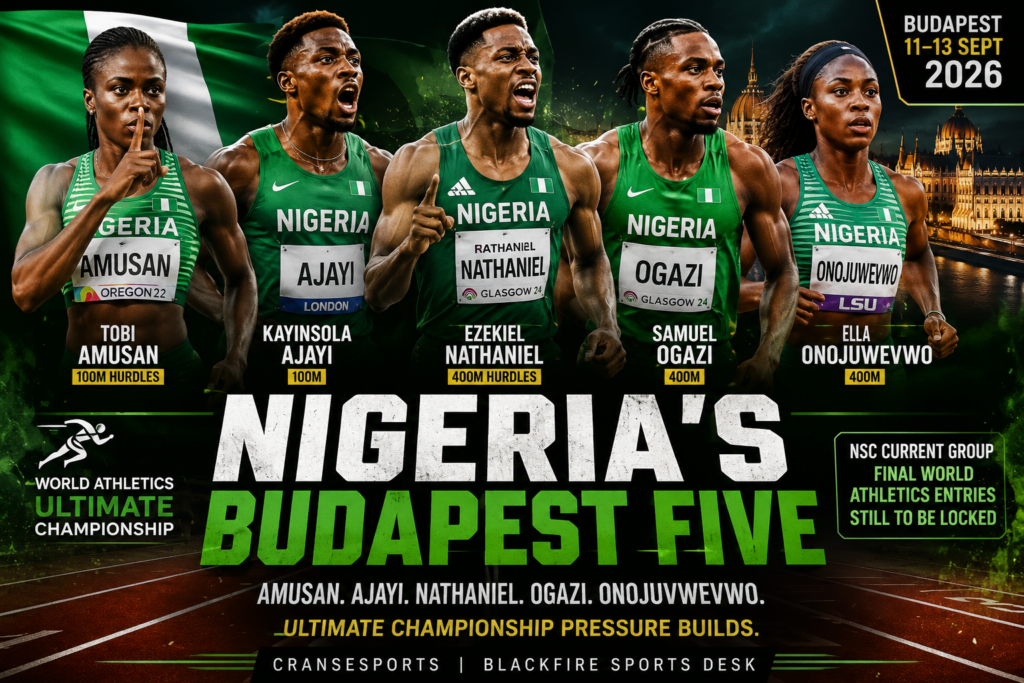 Editorial graphic highlighting Nigerian athletics stars preparing for the World Athletics Ultimate Championship in Budapest