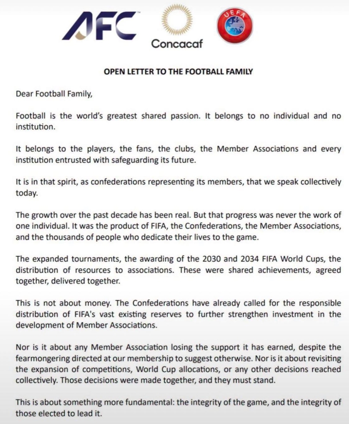 Football governance pressure graphic representing UEFA, AFC and Concacaf dispute with FIFA