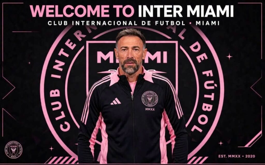 Blackfire-style football graphic showing Inter Miami’s coaching change and the pressure surrounding Kily González’s arrival.