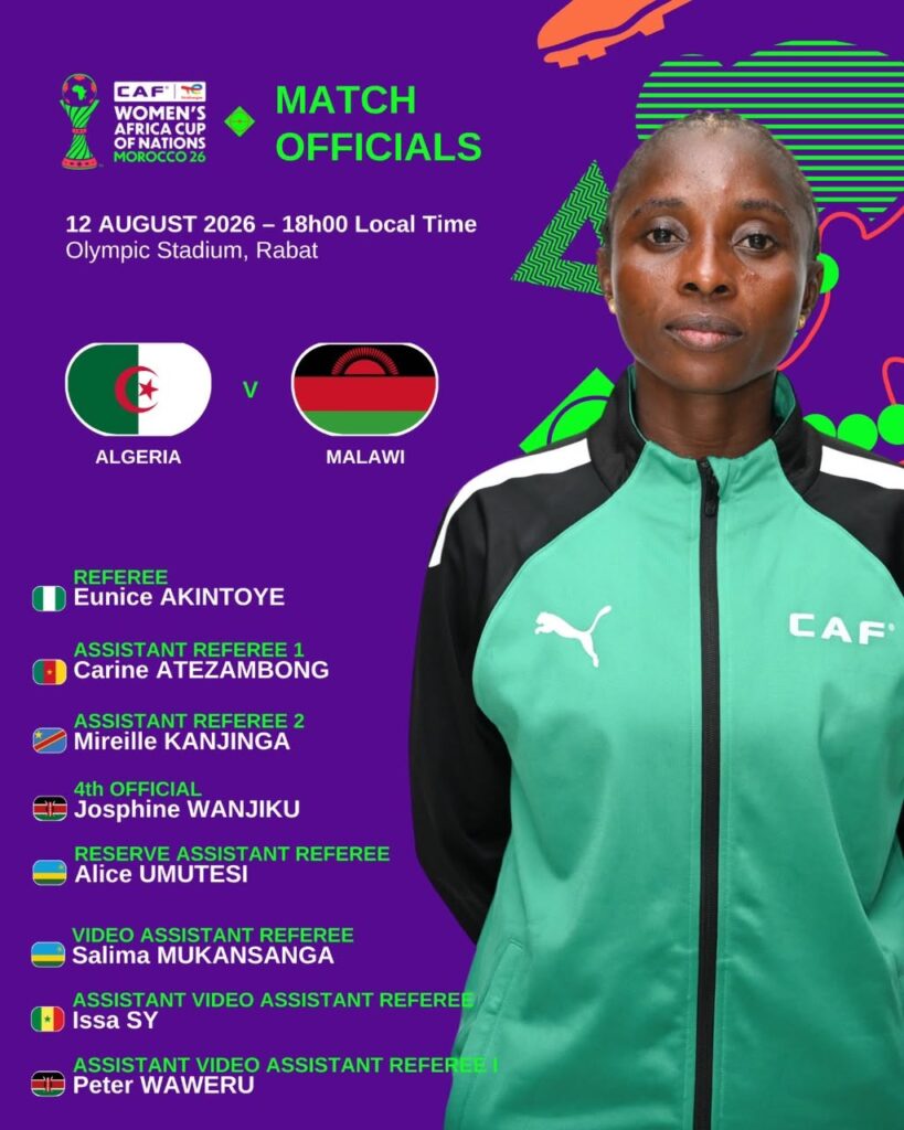 CAF Names Nigeria’s Eunice Akintoye for Algeria–Malawi WAFCON Semi-Final CranseSports graphic for Eunice Akintoye’s reported appointment to referee Algeria vs Malawi at WAFCON 2026