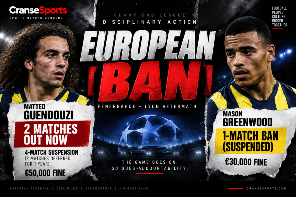 Guendouzi Banned, Greenwood Also Sanctioned After Fenerbahce-Lyon Clash Matteo Guendouzi and Mason Greenwood UEFA disciplinary sanctions graphic